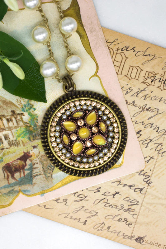 vintage upcycled yellow and rhinestone pearl necklace with antique postcards