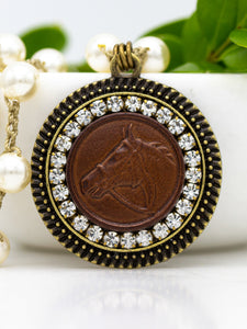 brown leather vintage button horse necklace