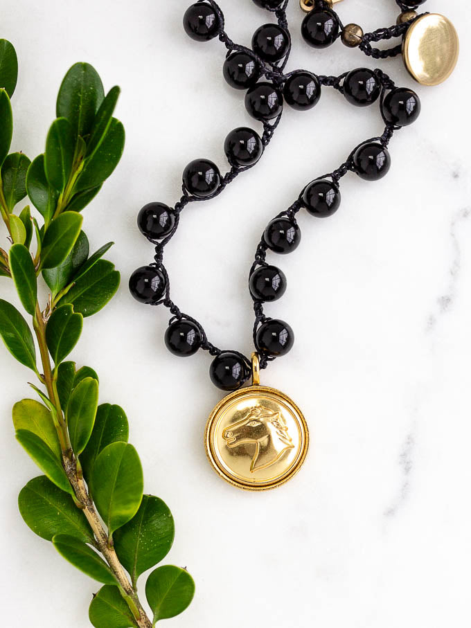 Gold Vintage Equestrian Button Necklace with Black Onyx