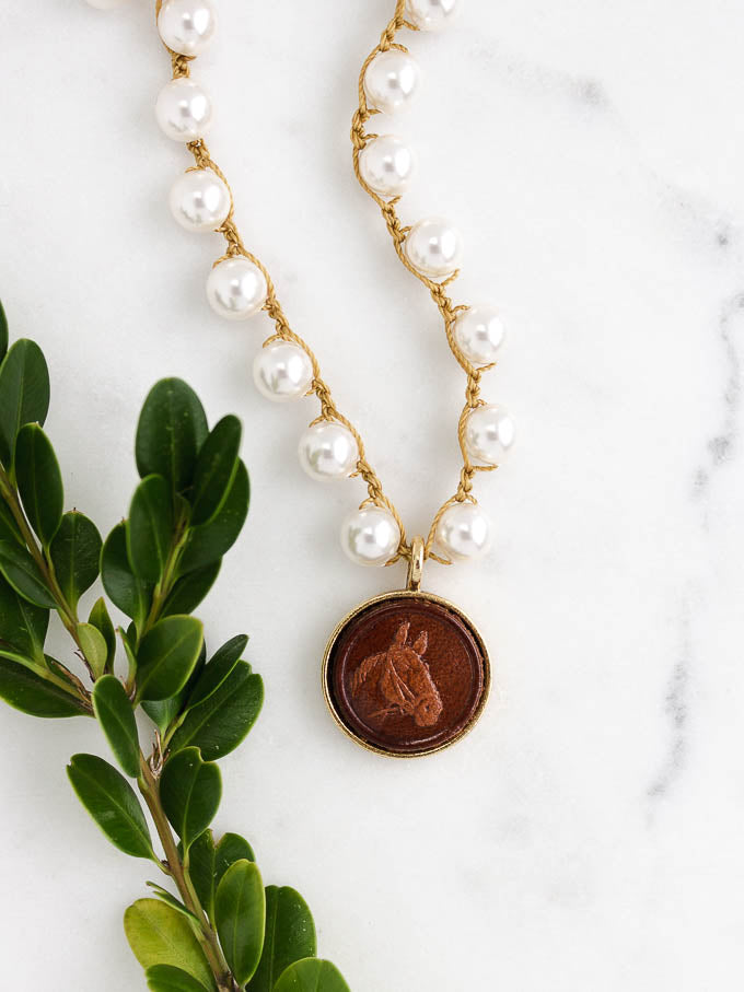 Vintage Leather Equestrian Button Pearl Necklace