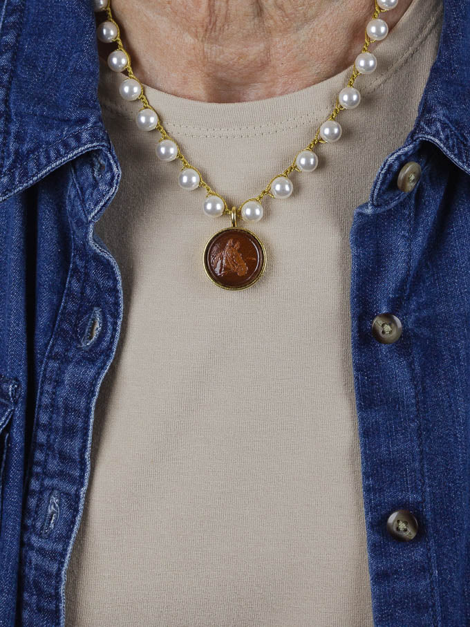 Vintage Leather Equestrian Button Pearl Necklace