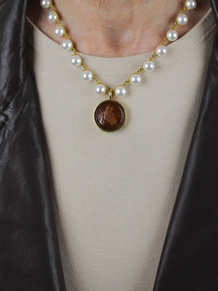 Vintage Leather Equestrian Button Pearl Necklace
