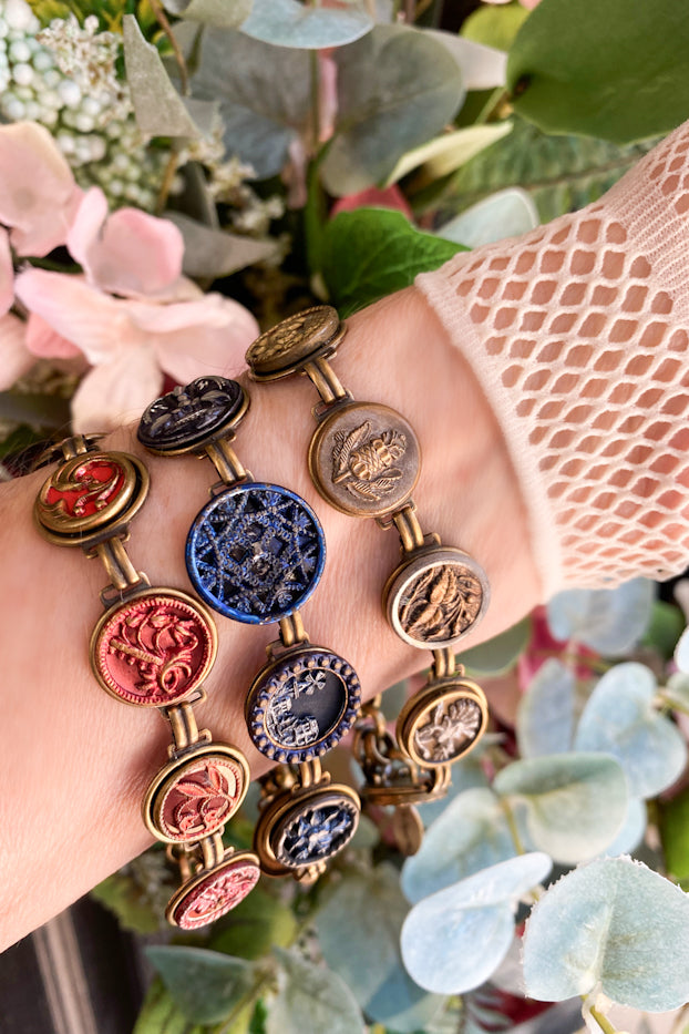 7 Antique Button Bracelet-Rose Red