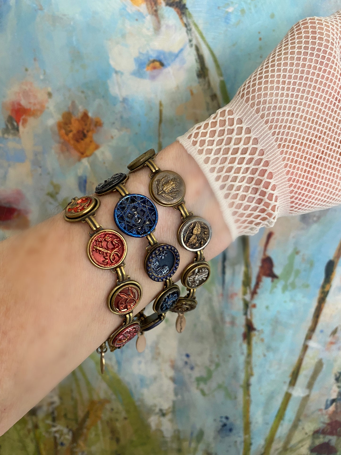 7 Antique Button Bracelet-Rose Red