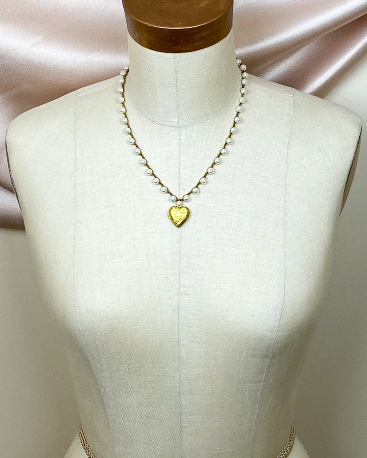 Vintage Heart Locket Pearl Necklace