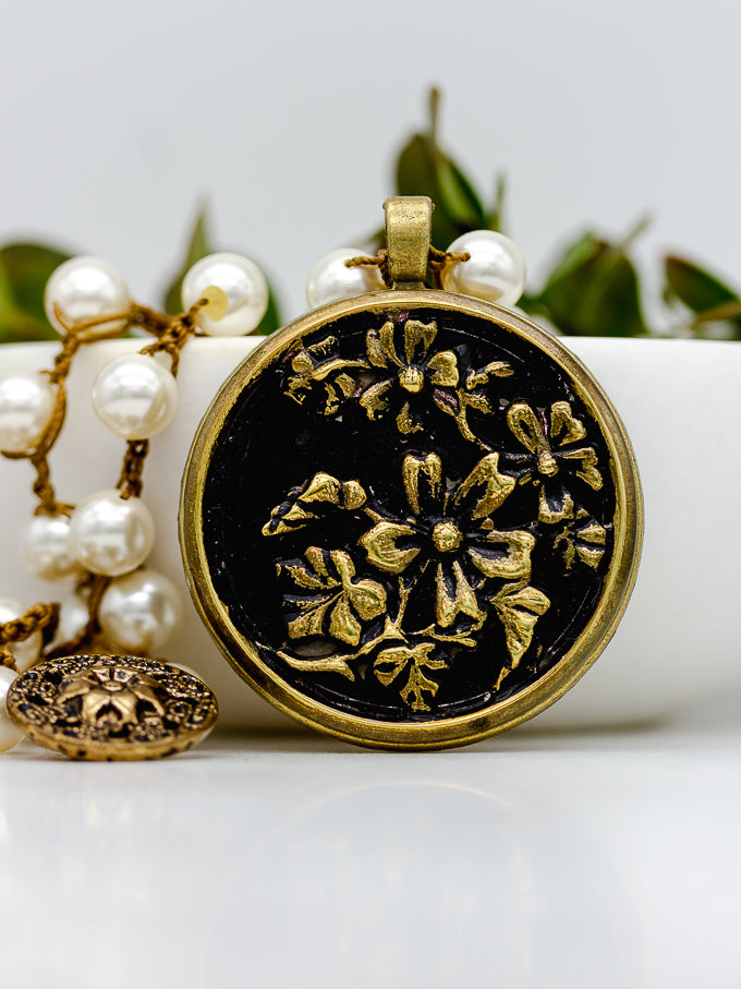 30" Long Floral Antique Button Necklace