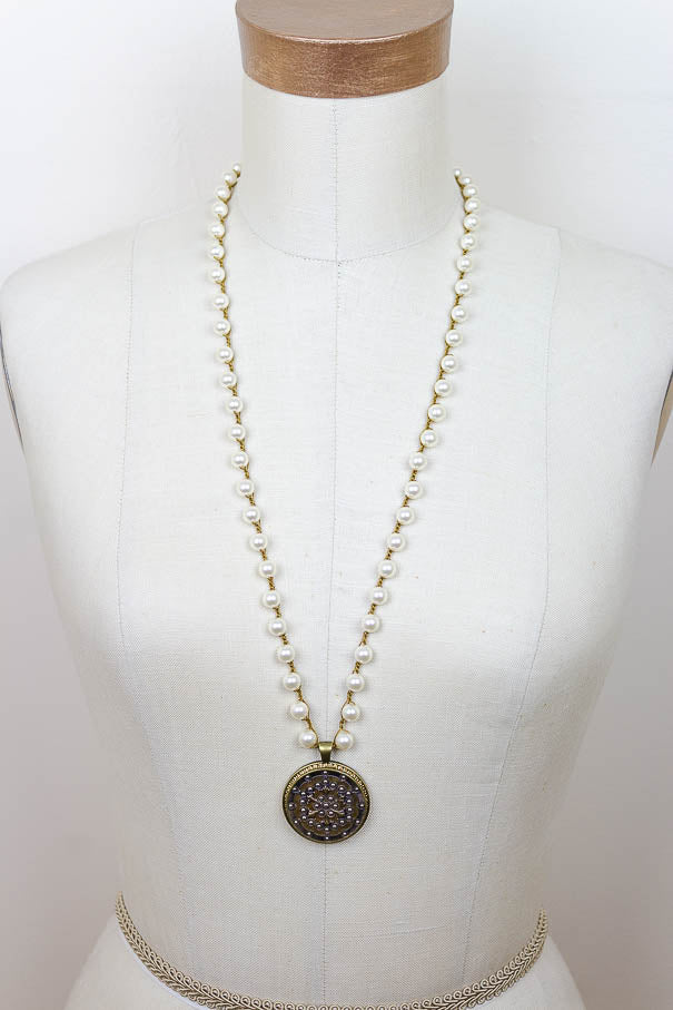 30" Long Antique Button Medallion Necklace