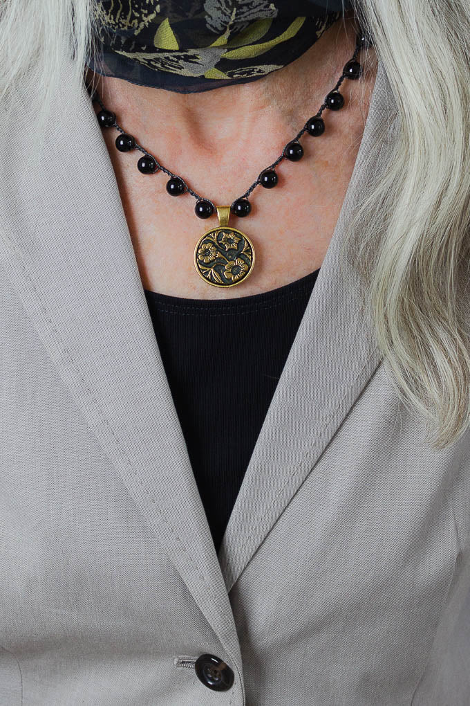 Antique Floral Button Black Onyx Necklace