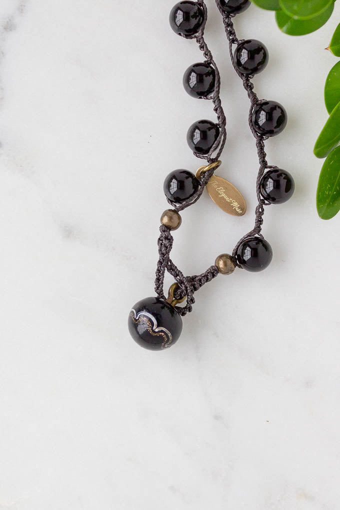 Antique Floral Button Black Onyx Necklace