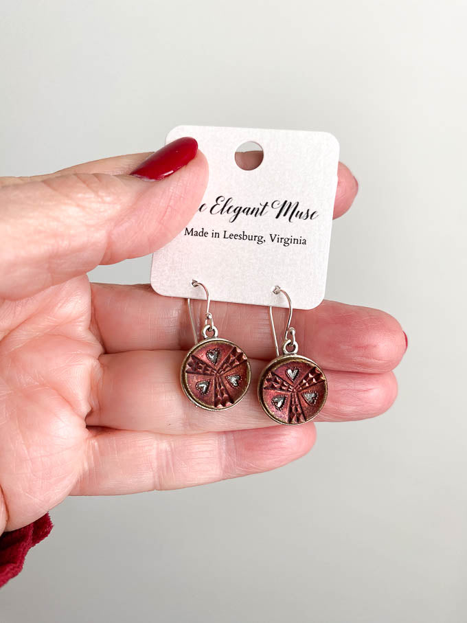 Antique Button Red with Silver Hearts Earrings