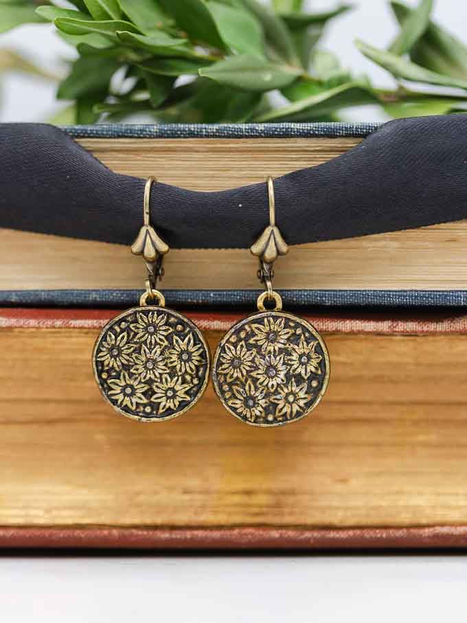 Petite Sunflower Antique Button Earrings
