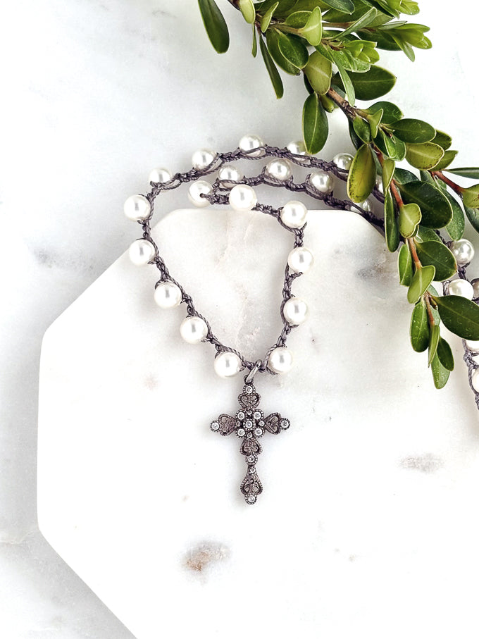 Vintage Silver Cross Pearl Necklace