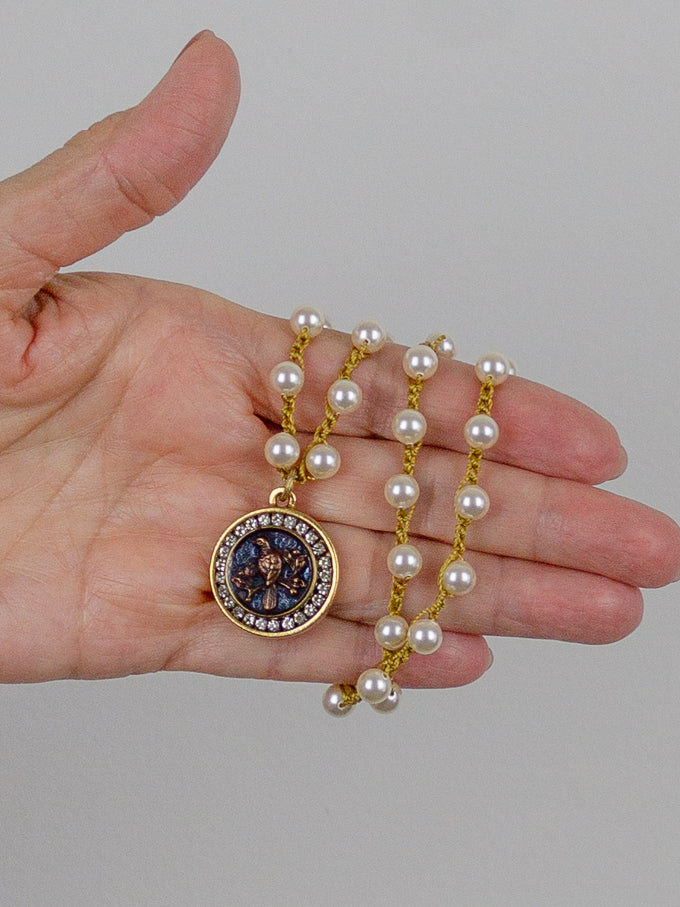 Antique Bird Button with Blue Background Pearl Necklace