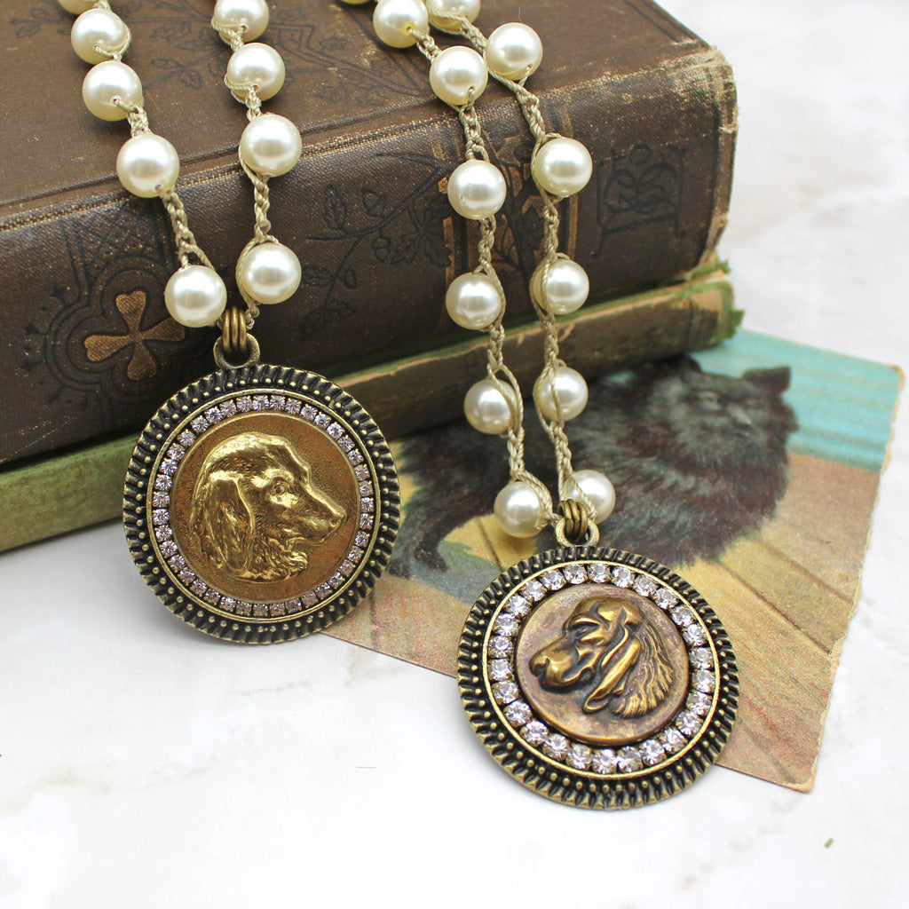 Antique Button Dog Necklace with Hand-Stitched Pearl Chain