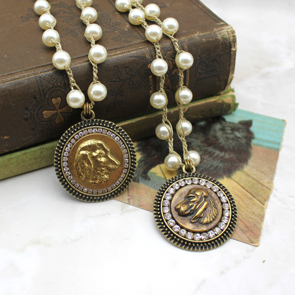 Antique Dog Button Necklace with Hand-Stitched Pearl Chain