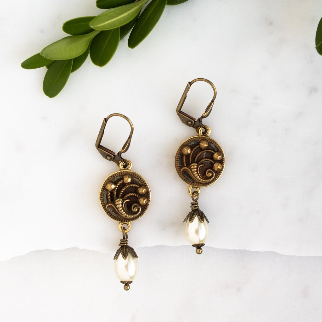 Petite Antique Victorian Button (c. 1890-1910) Earrings-Cornucopia Design with Pearl Drops