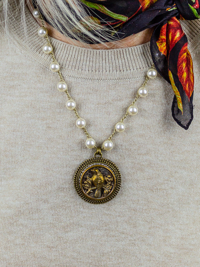 Dove Bird Antique Button Necklace