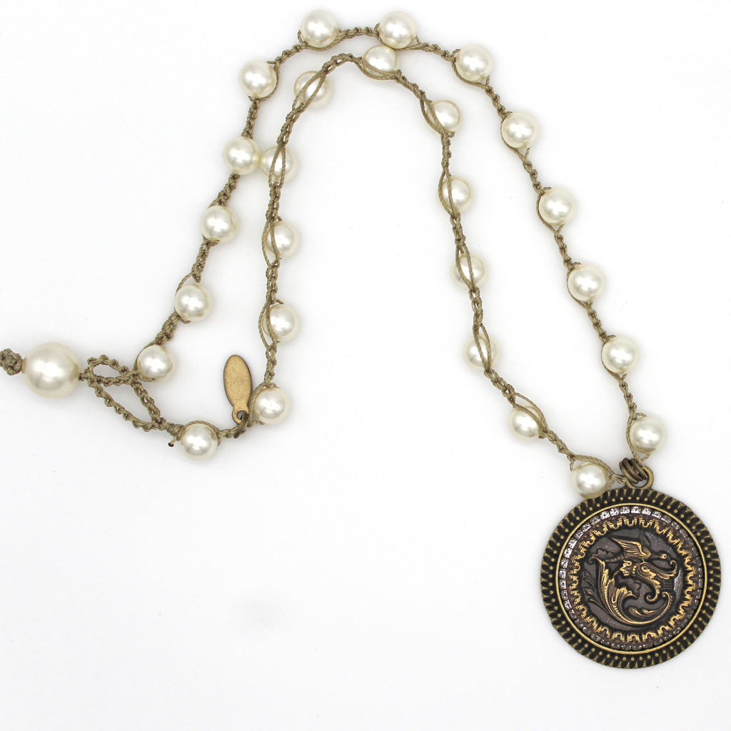 Vintage Dragon Button Necklace with Hand-Stitched Pearl Chain