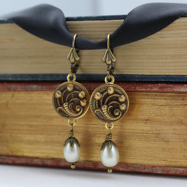 Petite Antique Victorian Button (c. 1890-1910) Earrings-Cornucopia Design with Pearl Drops