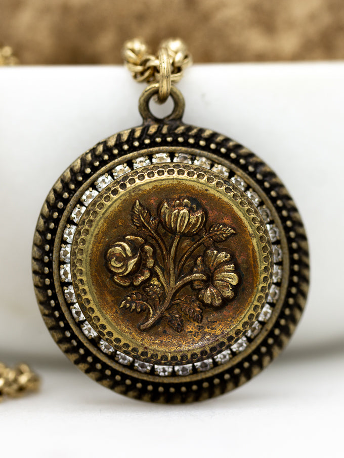 Small Gold Antique Button Necklace with Rhinestones