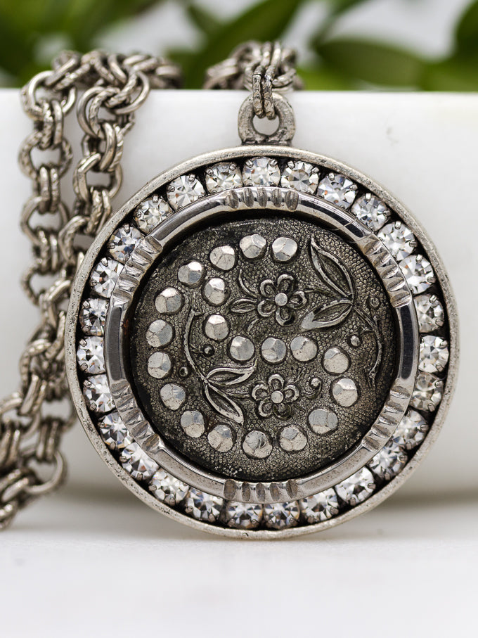 Silver Antique Floral Button and Rhinestone Necklace