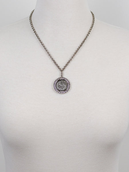 Silver Antique Floral Button and Rhinestone Necklace