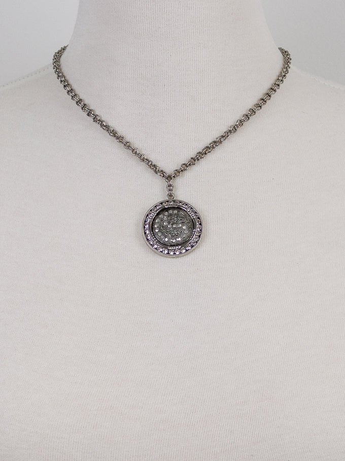 Silver Antique Floral Button and Rhinestone Necklace
