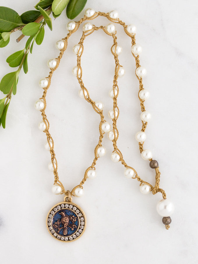 Antique Bird Button with Blue Background Pearl Necklace