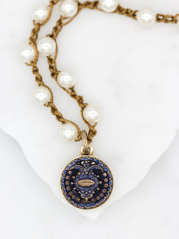blue gold antique button pearl necklace
