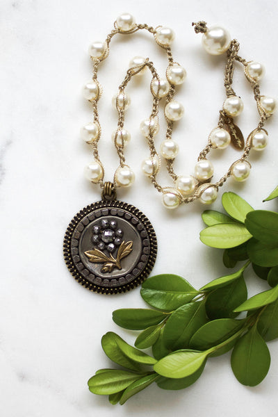 repurposed black antique button pearl necklace