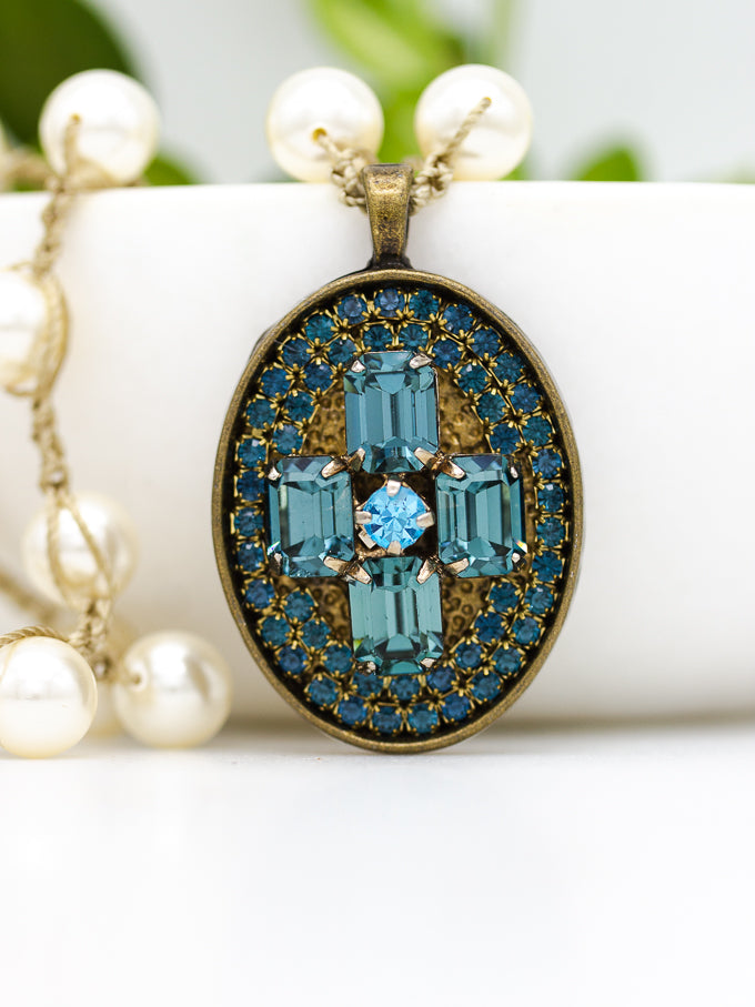 Vintage Aqua Rhinestone Cross Necklace