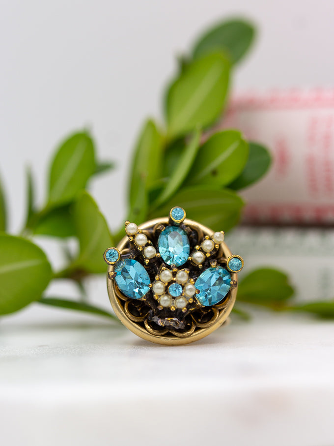 Aqua & Pearl Vintage Adjustable Statement Ring