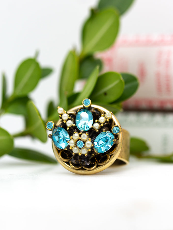 Aqua & Pearl Vintage Adjustable Statement Ring