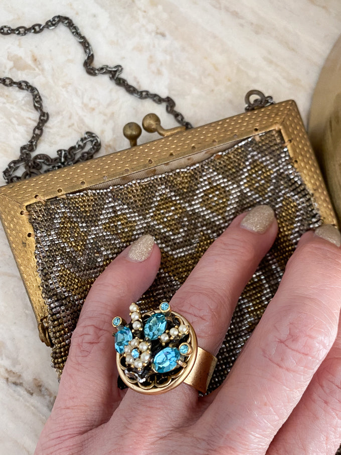 Aqua & Pearl Vintage Adjustable Statement Ring