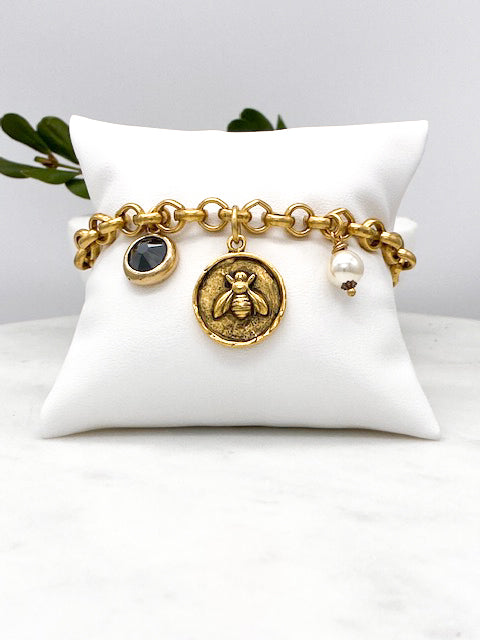 Bee Bracelet with Pearl and Black Sparkling Charm