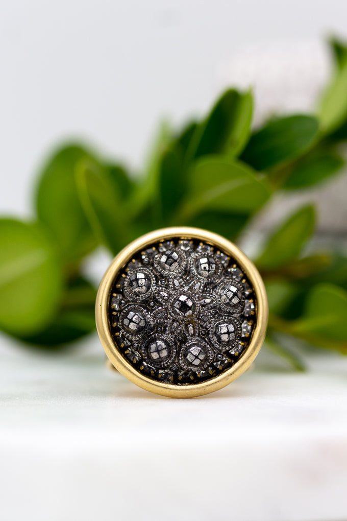Black Vintage Button Adjustable Statement Ring