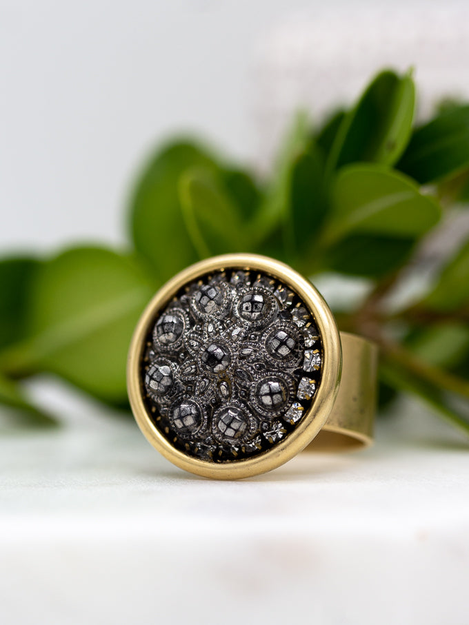 Black Vintage Button Adjustable Statement Ring