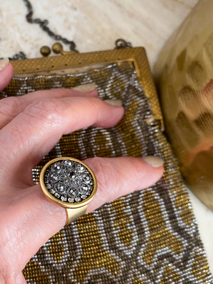 Black Vintage Button Adjustable Statement Ring