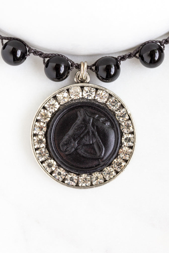 Vintage Black Leather Button Necklace with Hand-Stitched Onyx Stone Chain
