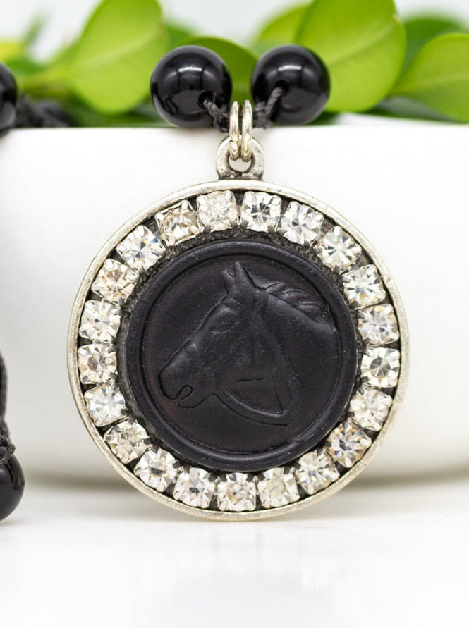 Vintage Black Leather Button Necklace with Hand-Stitched Onyx Stone Chain