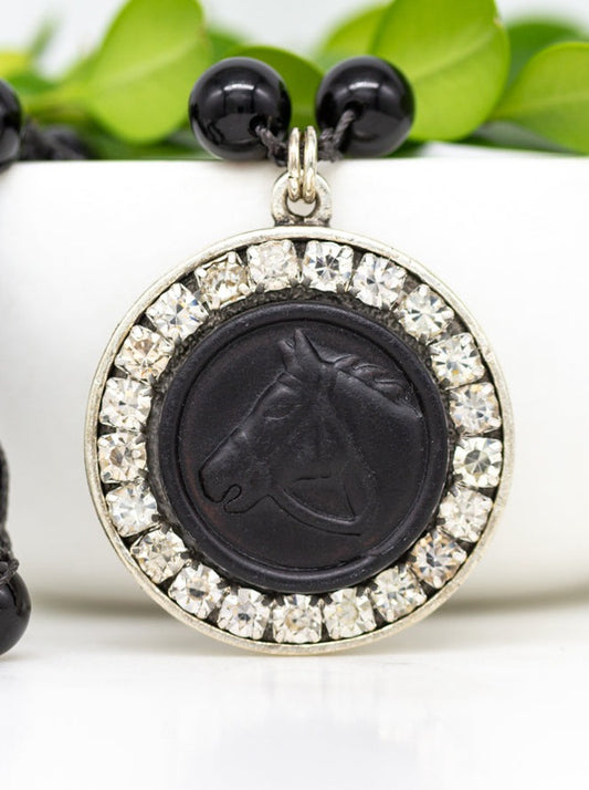 Vintage Black Leather Button Necklace with Hand-Stitched Onyx Stone Chain