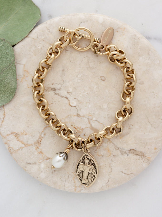 Two-Sided Cross & Dove Charm Bracelet with Pearl