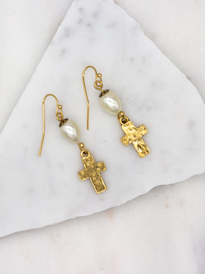 Hammered Cross Teardrop Pearl Gold Earrings