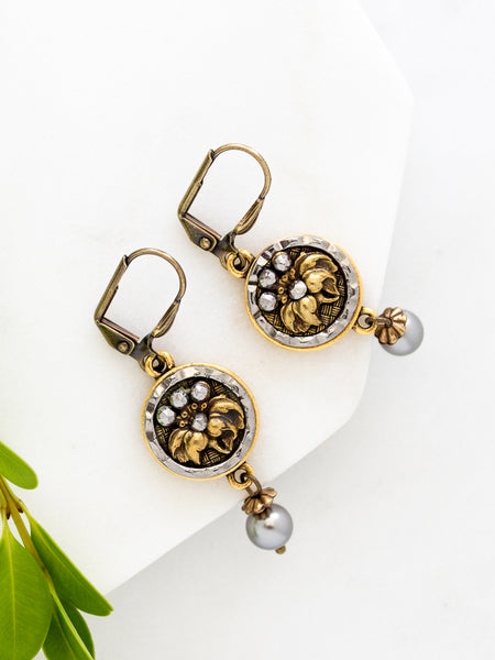 Petite Antique Victorian Button (c. 1890-1910) Silver & Gold Earrings with Pearl Drops