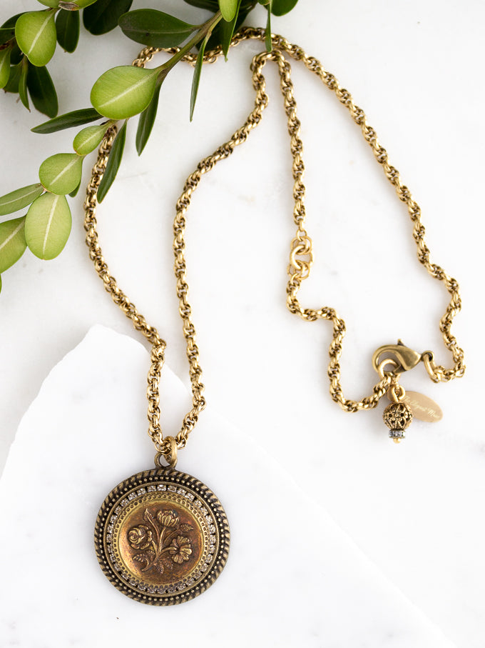Small Gold Antique Button Necklace with Rhinestones