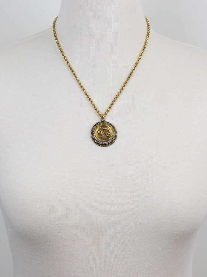 Small Gold Antique Button Necklace with Rhinestones