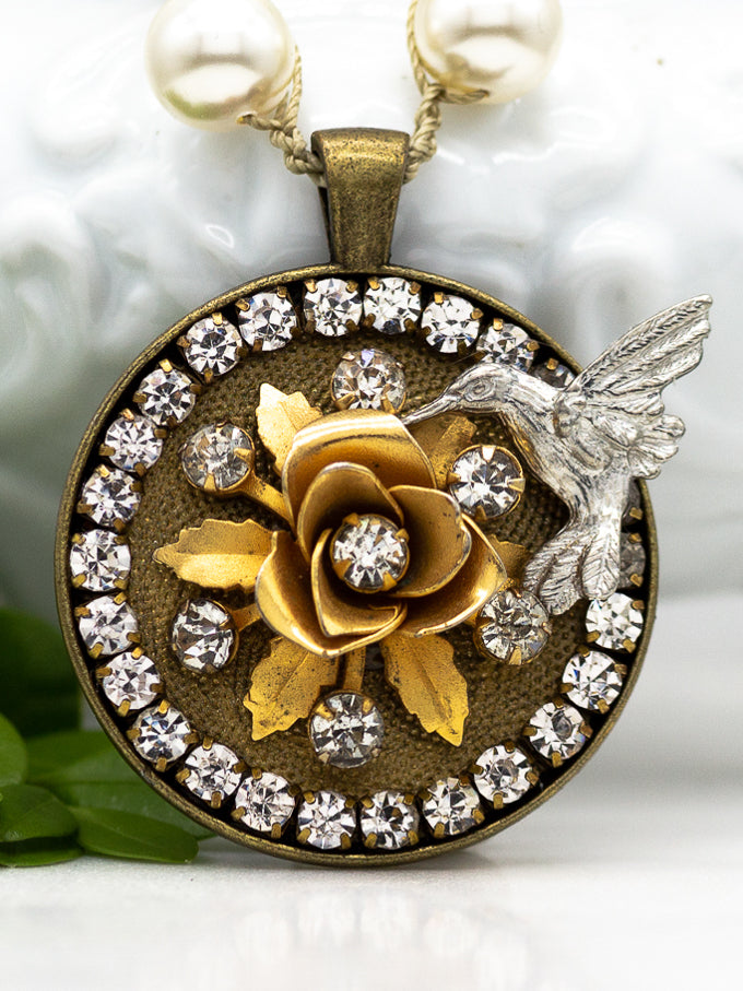 Vintage Hummingbird Statement Necklace with Hand-Stitched Pearls