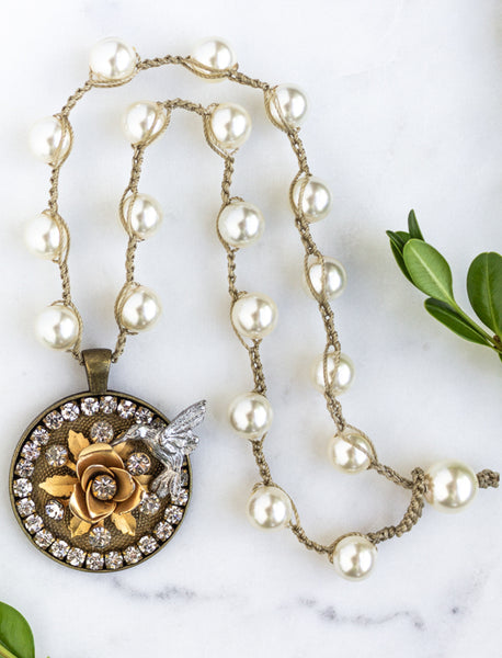 Vintage Hummingbird Statement Necklace with Hand-Stitched Pearls