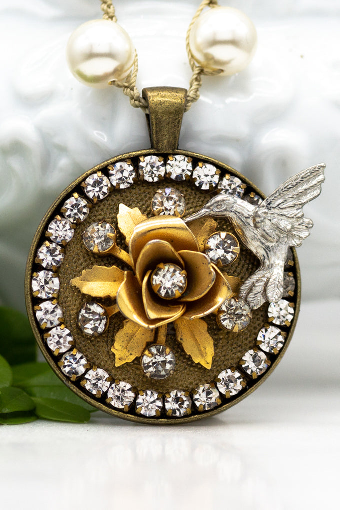 Vintage Hummingbird Statement Necklace with Hand-Stitched Pearls
