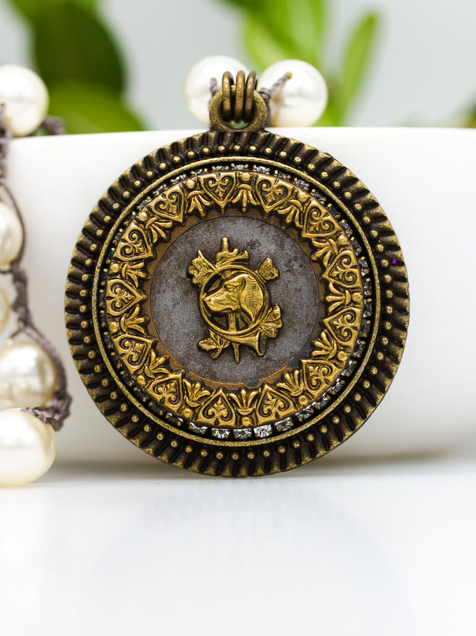 Antique Sporting Button with Dog & Horn Necklace